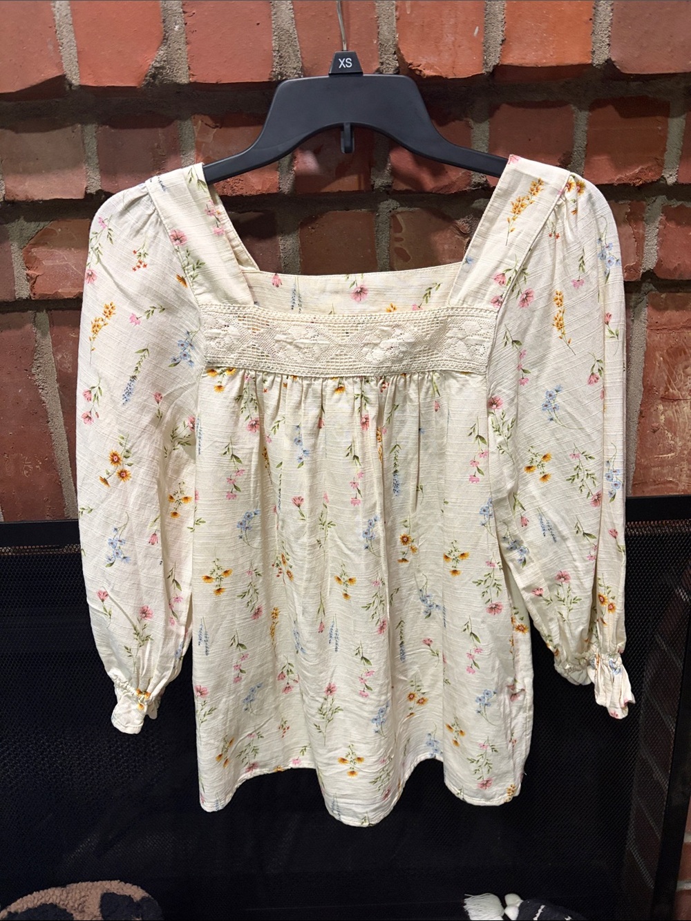LC Lauren Conrad Cream Floral Square-Neck Blouse
